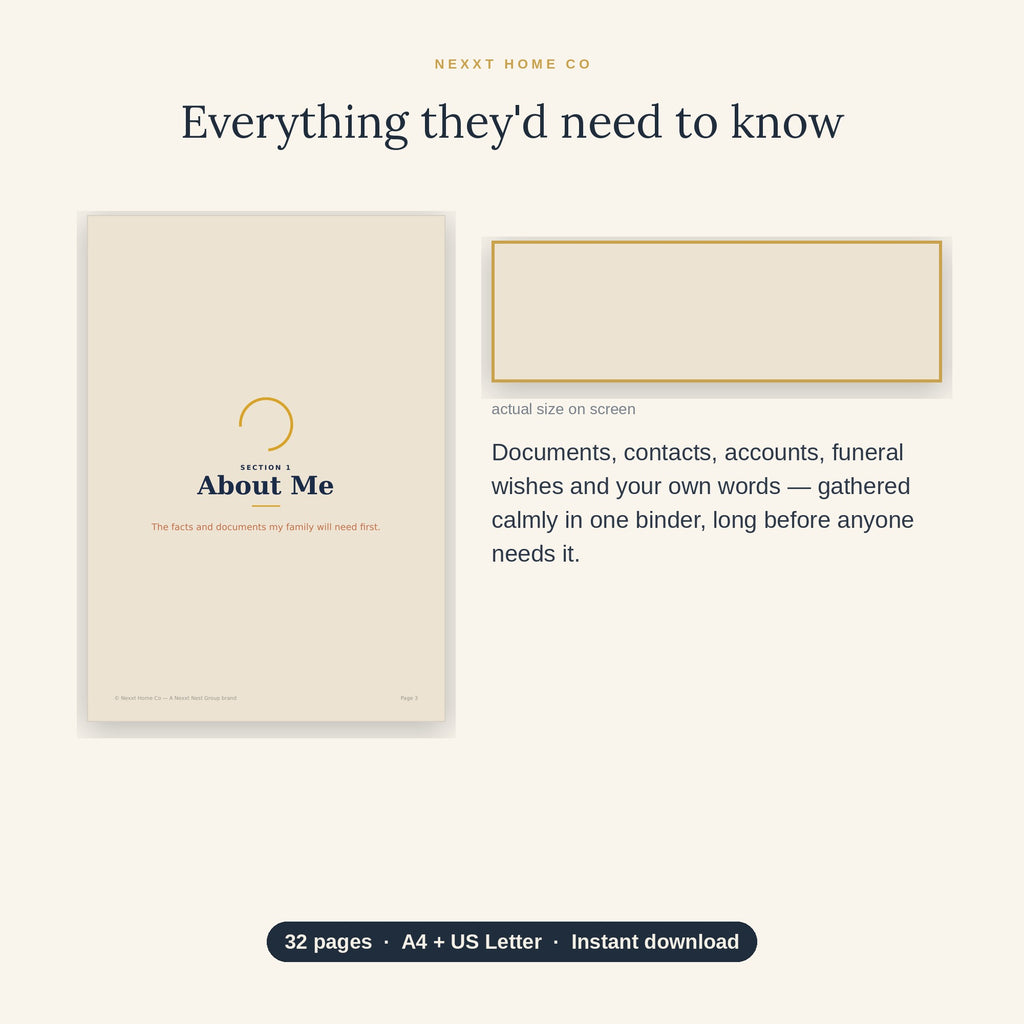 Inside detail — clear, easy-to-complete pages from the end of life planner