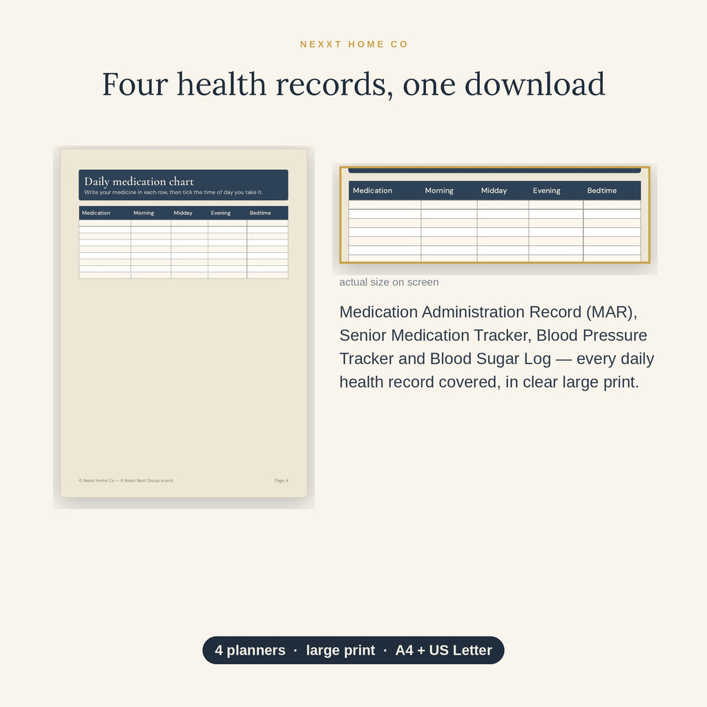 Close-up of the large print shared by the four health charts in the Medication Management Bundle