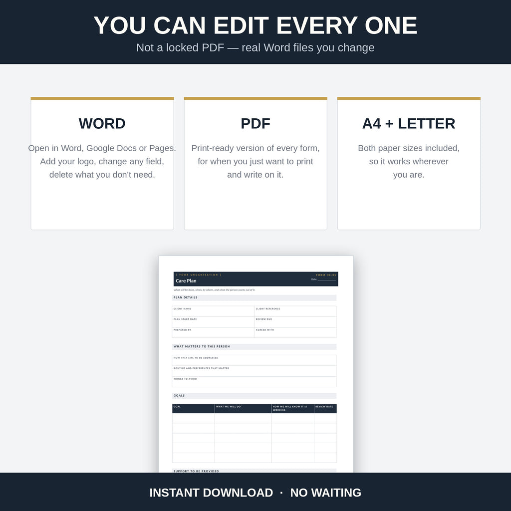 Editable Word files plus print-ready PDFs in A4 and US Letter