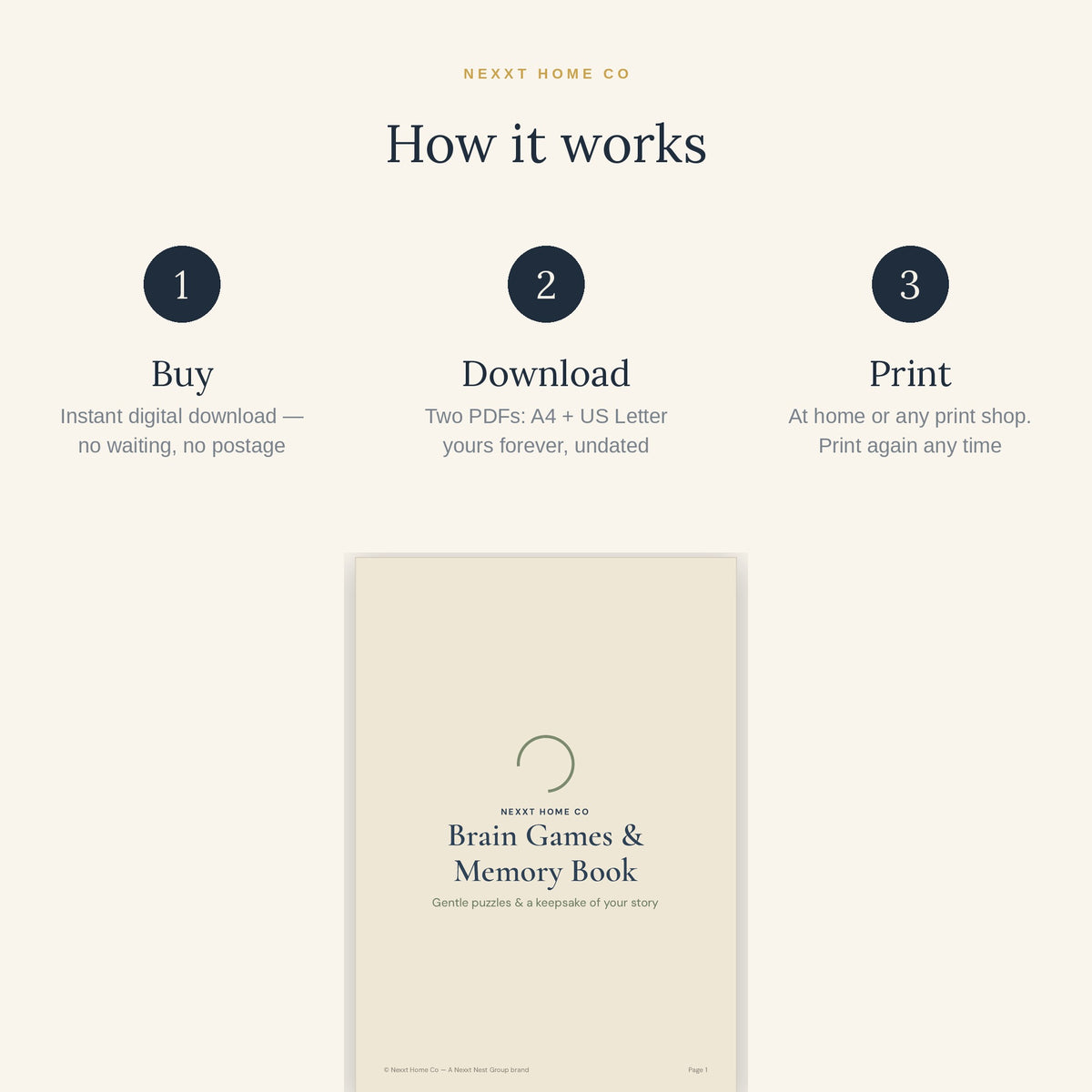 How it works - buy, download and print the Brain Games & Memory Book at home in A4 or US Letter
