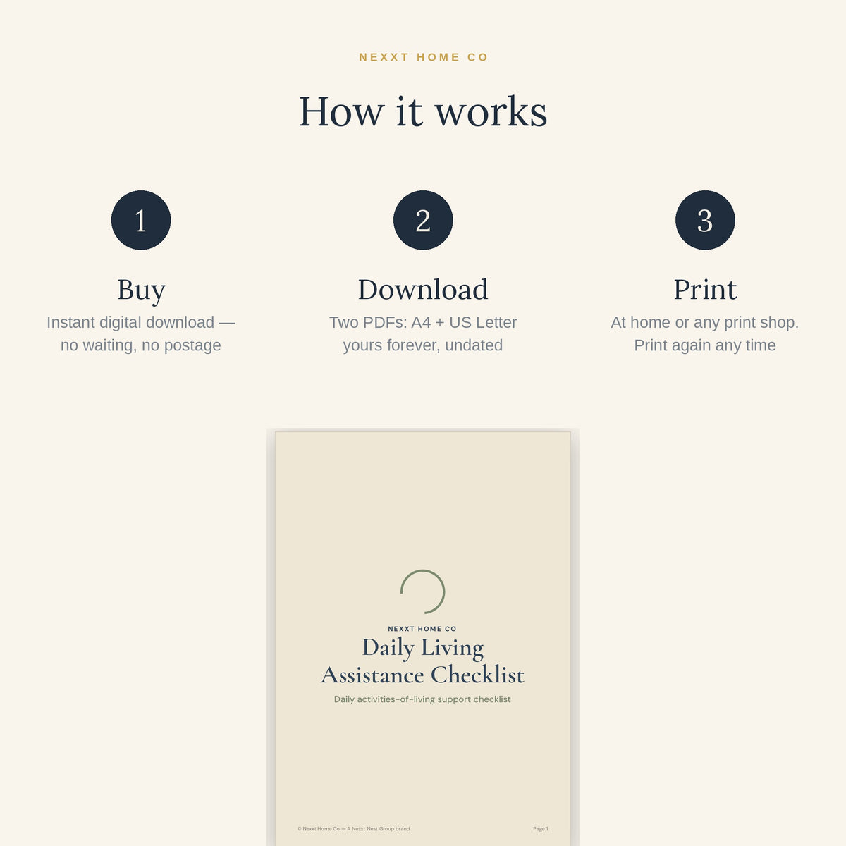 How it works - buy, download and print the Daily Living Assistance Checklist at home in A4 or US Letter