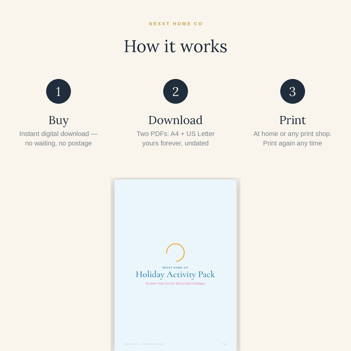 How it works - buy, download and print the Kids Holiday Activity Pack at home in A4 or US Letter