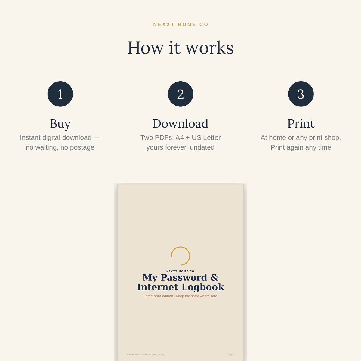 How it works — buy, download and print the password logbook at home