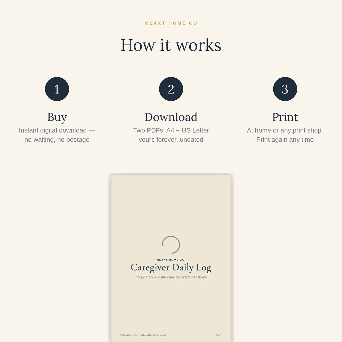 How it works - buy, download and print the Caregiver Daily Log at home in A4 or US Letter