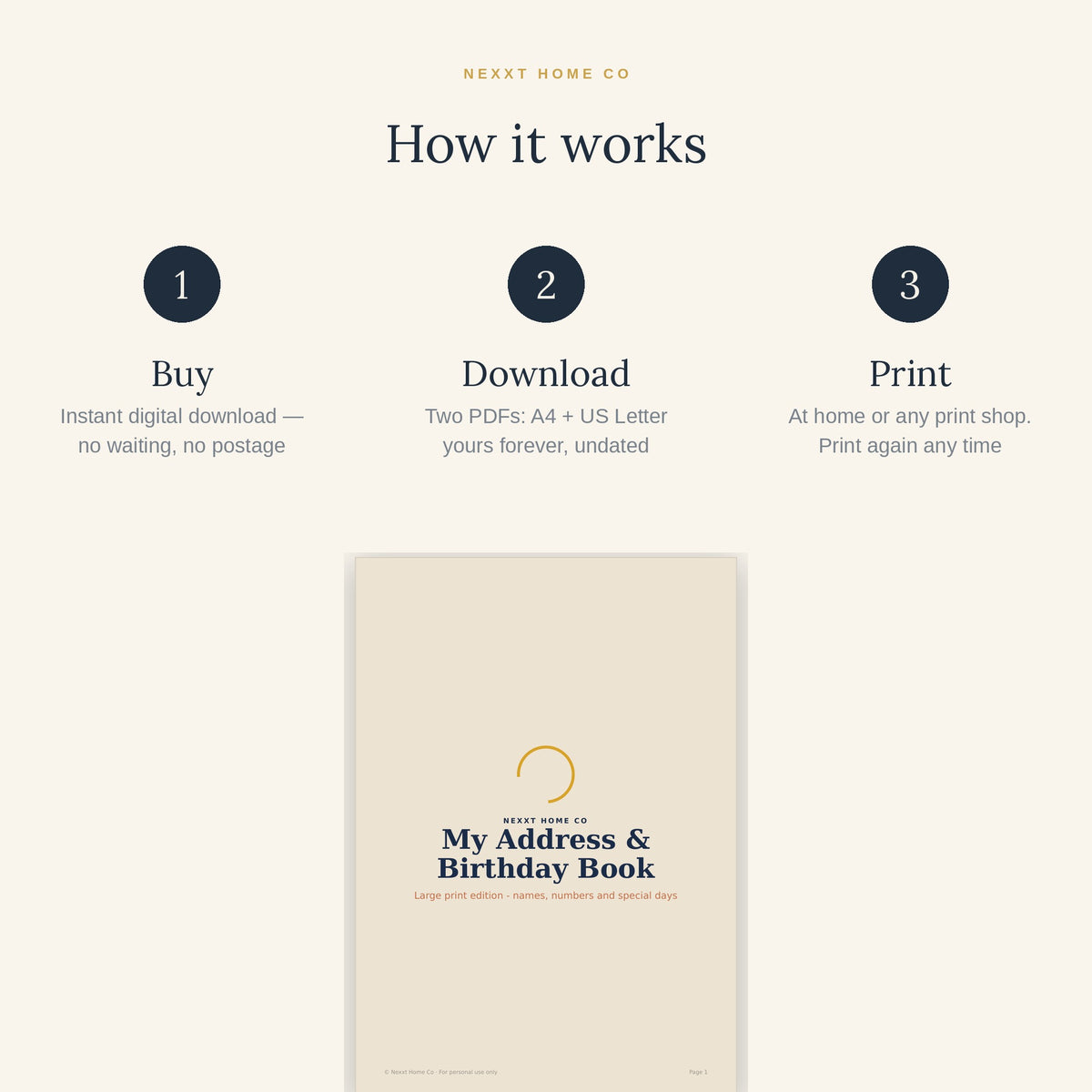 How it works — buy, download and print the address book at home