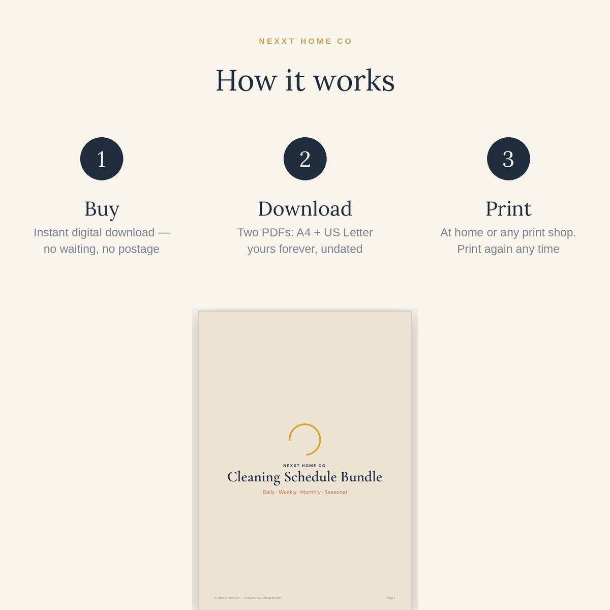 How it works - buy, download and print the Cleaning Schedule Bundle at home in A4 or US Letter