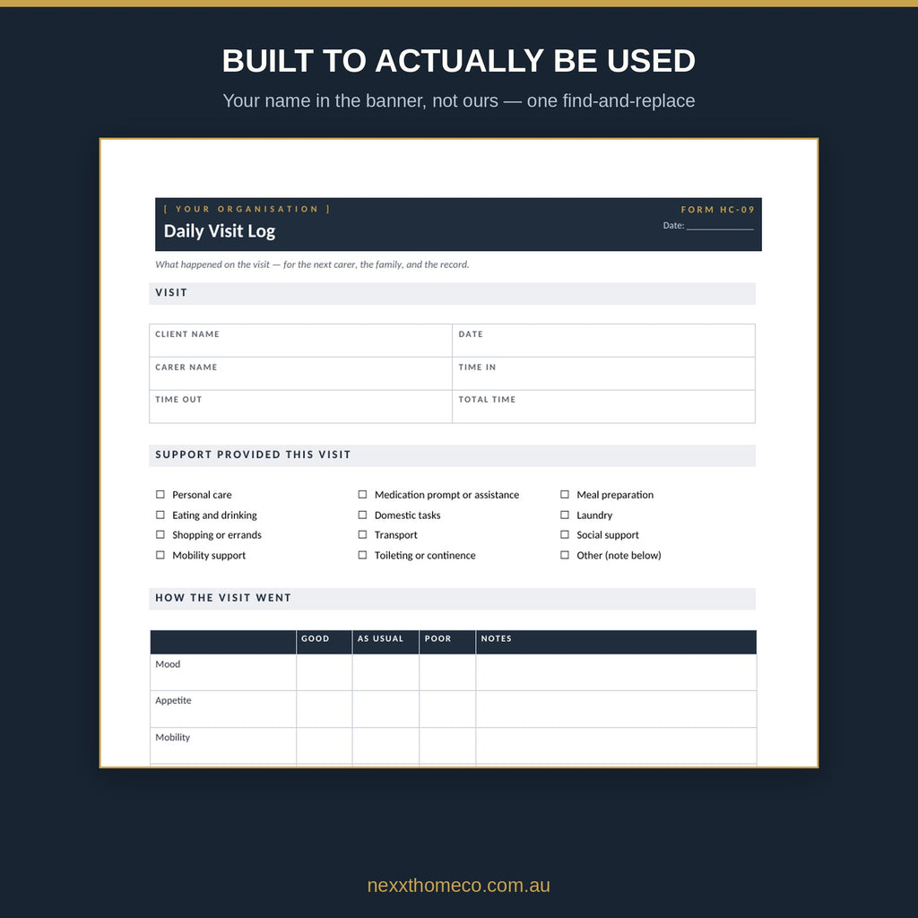 Close-up of a form showing the YOUR ORGANISATION placeholder you replace with your own business name