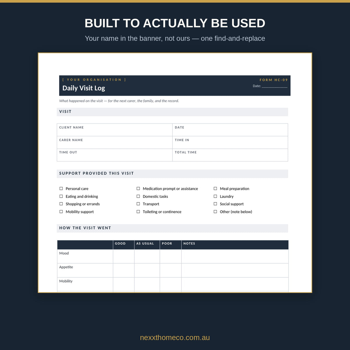 Close-up of a form showing the YOUR ORGANISATION placeholder you replace with your own business name