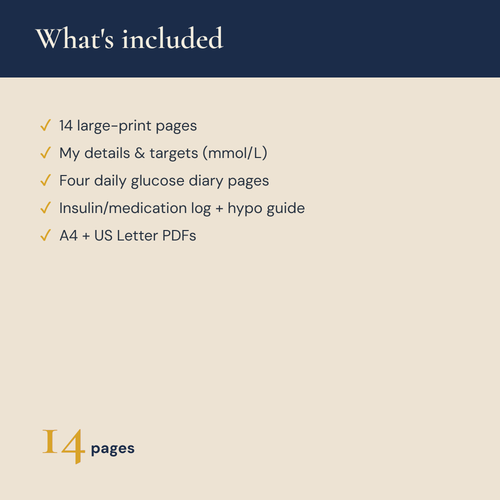 What's included — 14 large-print blood sugar log pages