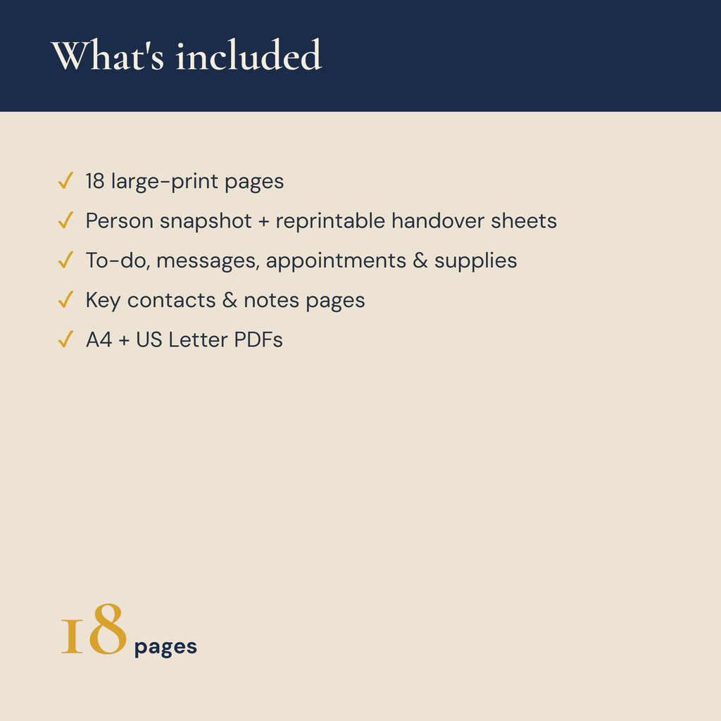 What's included — 18 large-print pages of handover sheets and care information