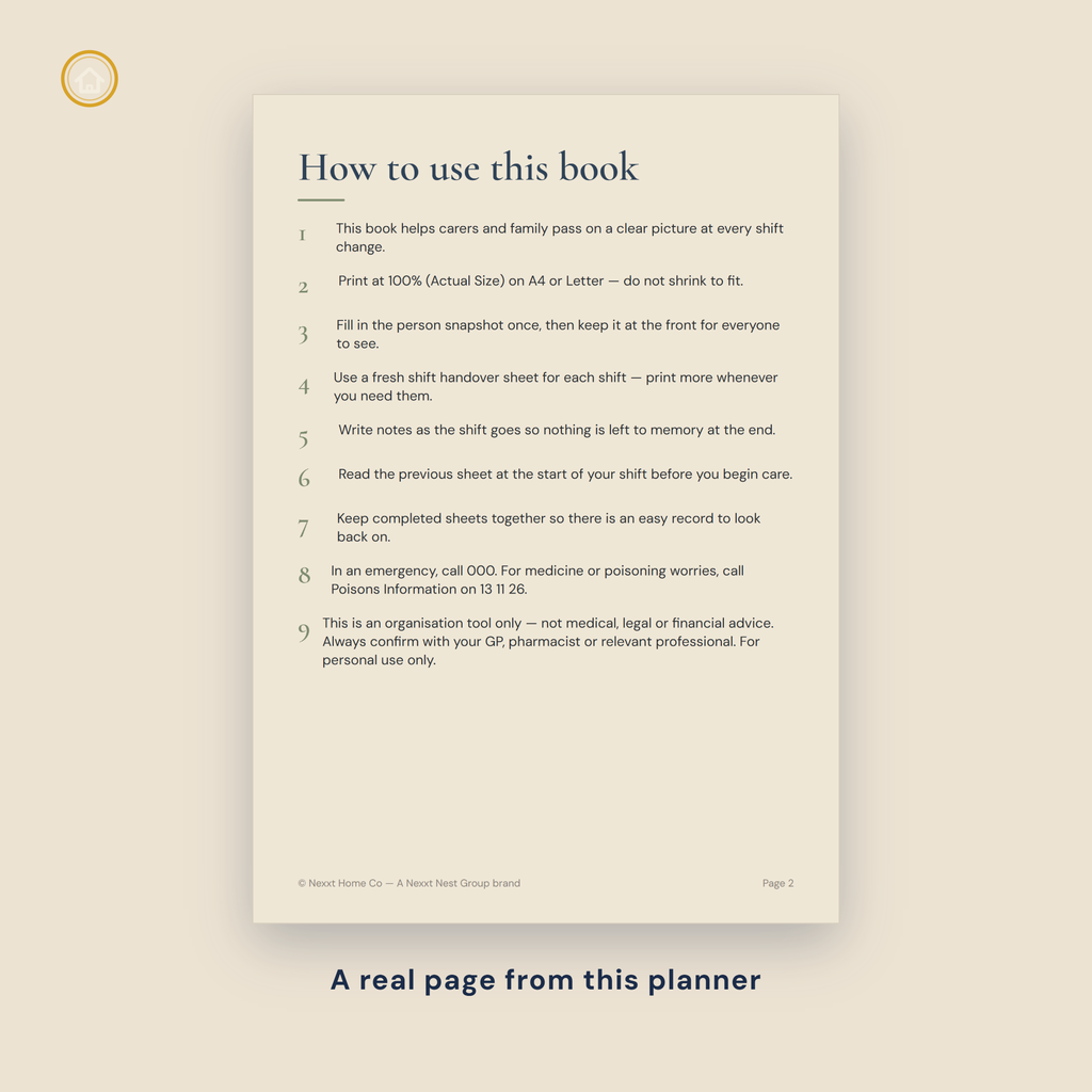 Caregiver Shift Handover Book page preview — to-do, messages, appointments & supplies