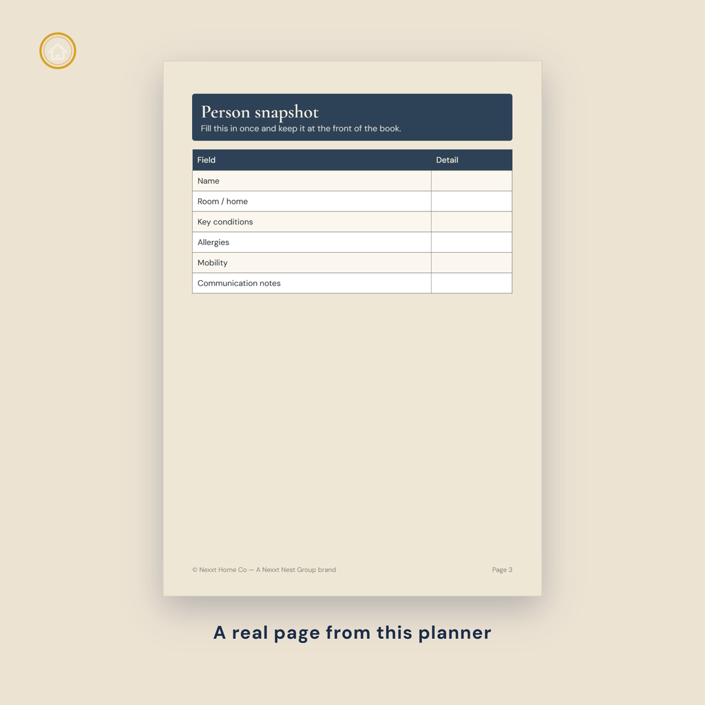Caregiver Shift Handover Book page preview — key contacts & notes pages