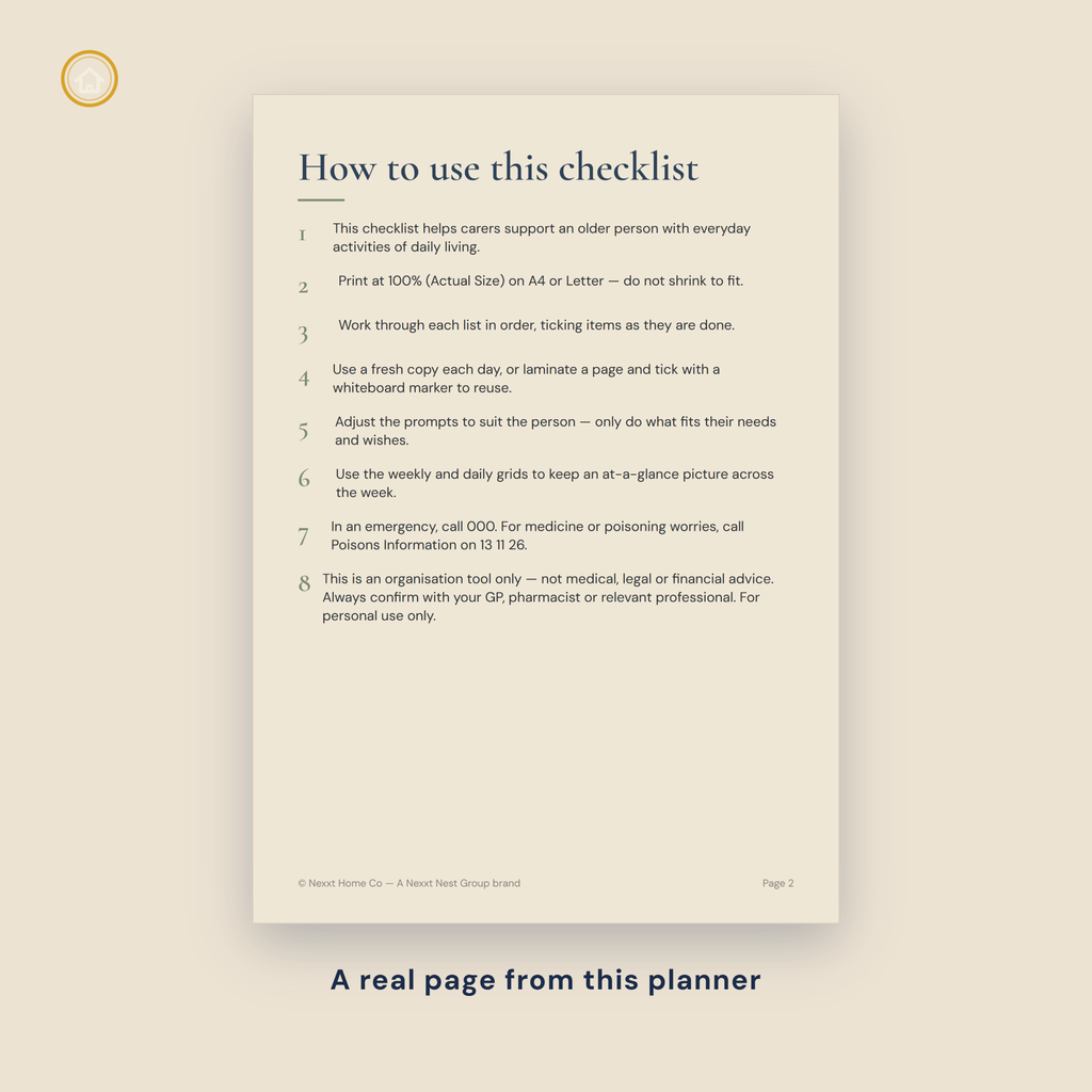 Daily Living Assistance Checklist page preview