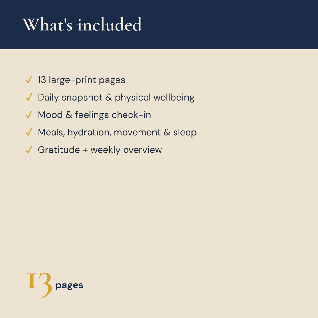 What's included — 13 large-print pages of wellness tracking