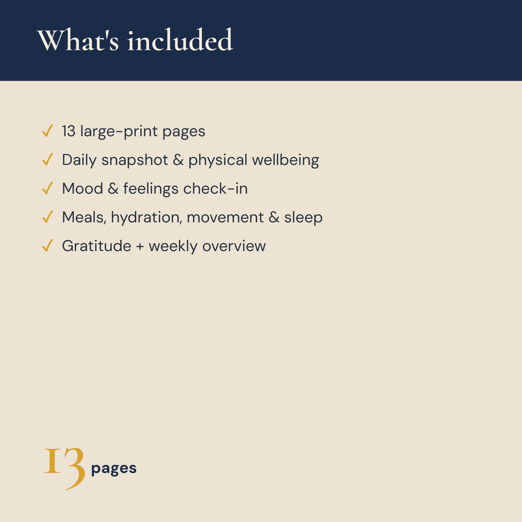 What's included — 13 large-print pages of wellness tracking