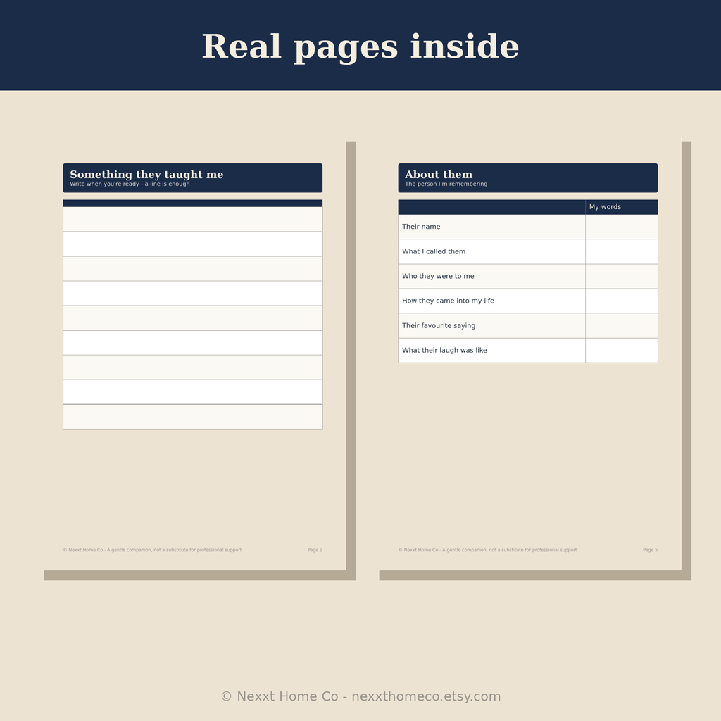Real guided pages inside the grief journal