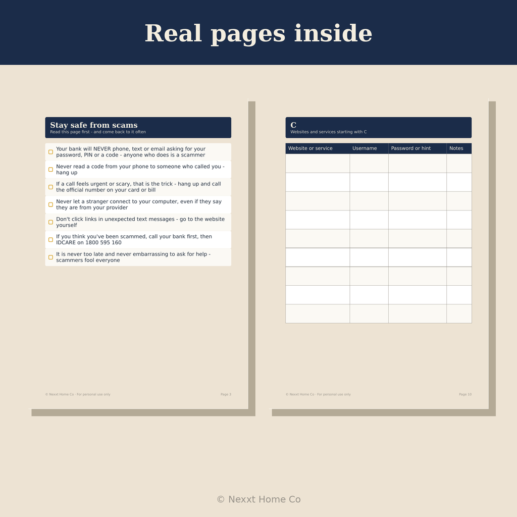 Real pages inside the large print password logbook
