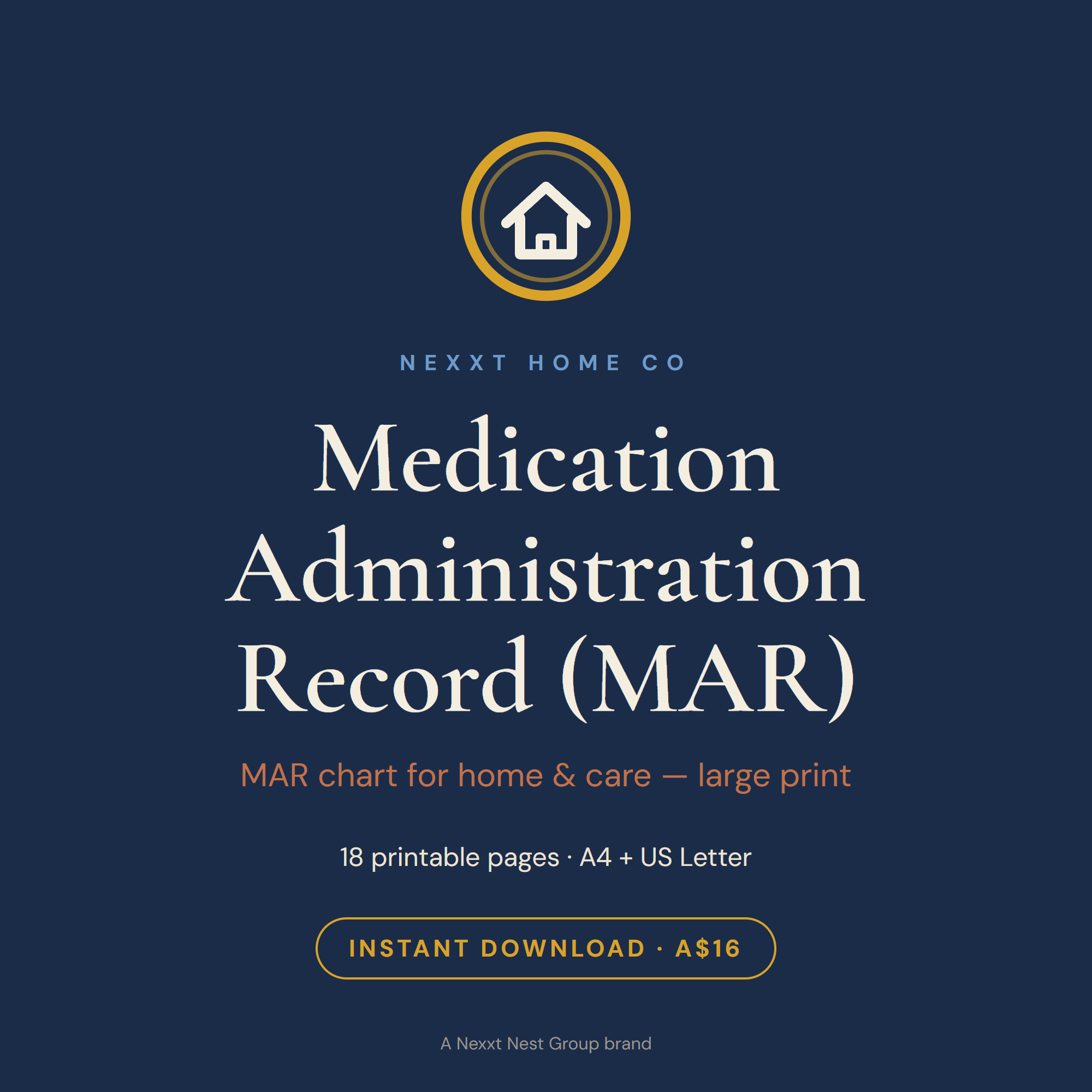Medication Administration Record MAR chart cover — large print printable for home and care