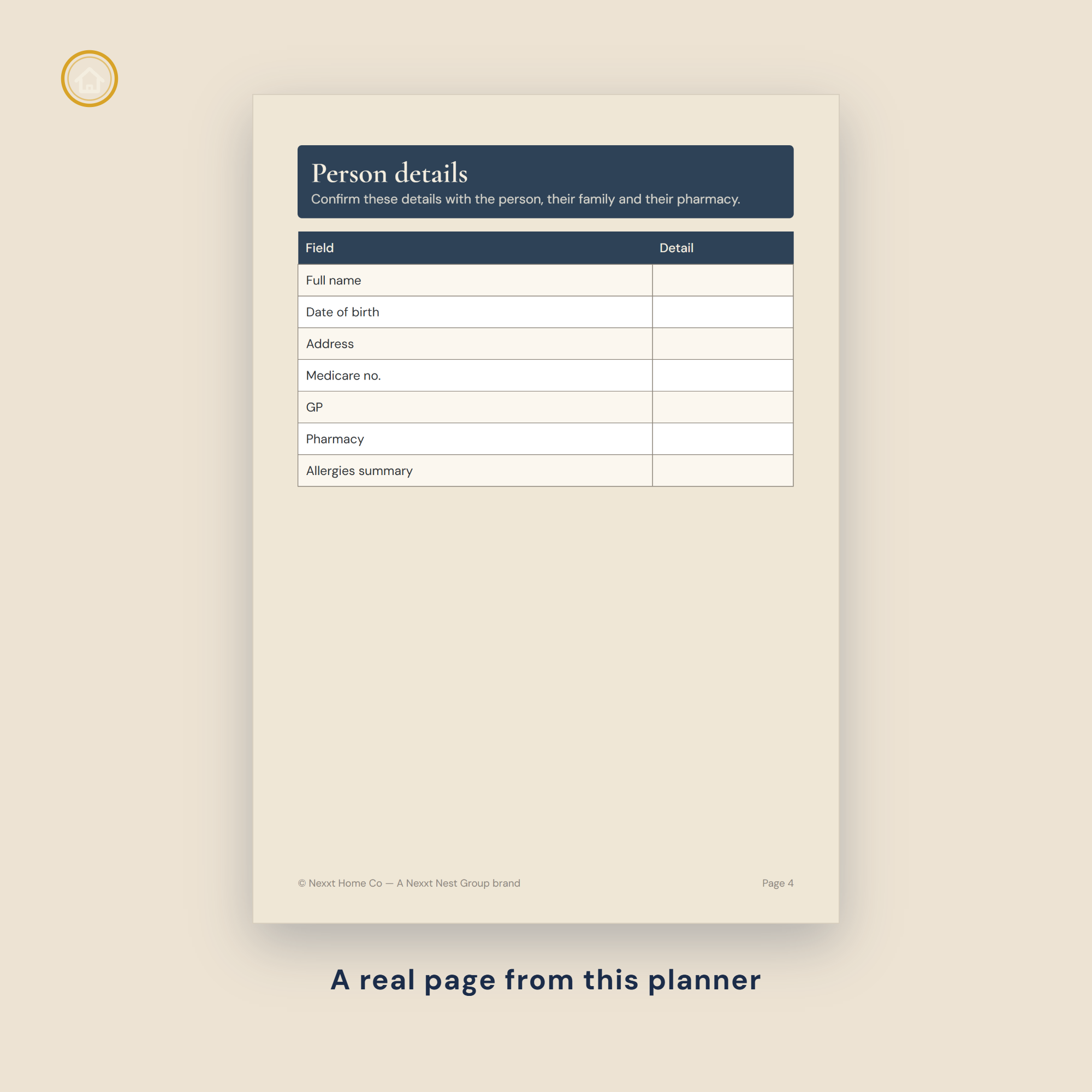Preview of the person details, allergies and current medicines page