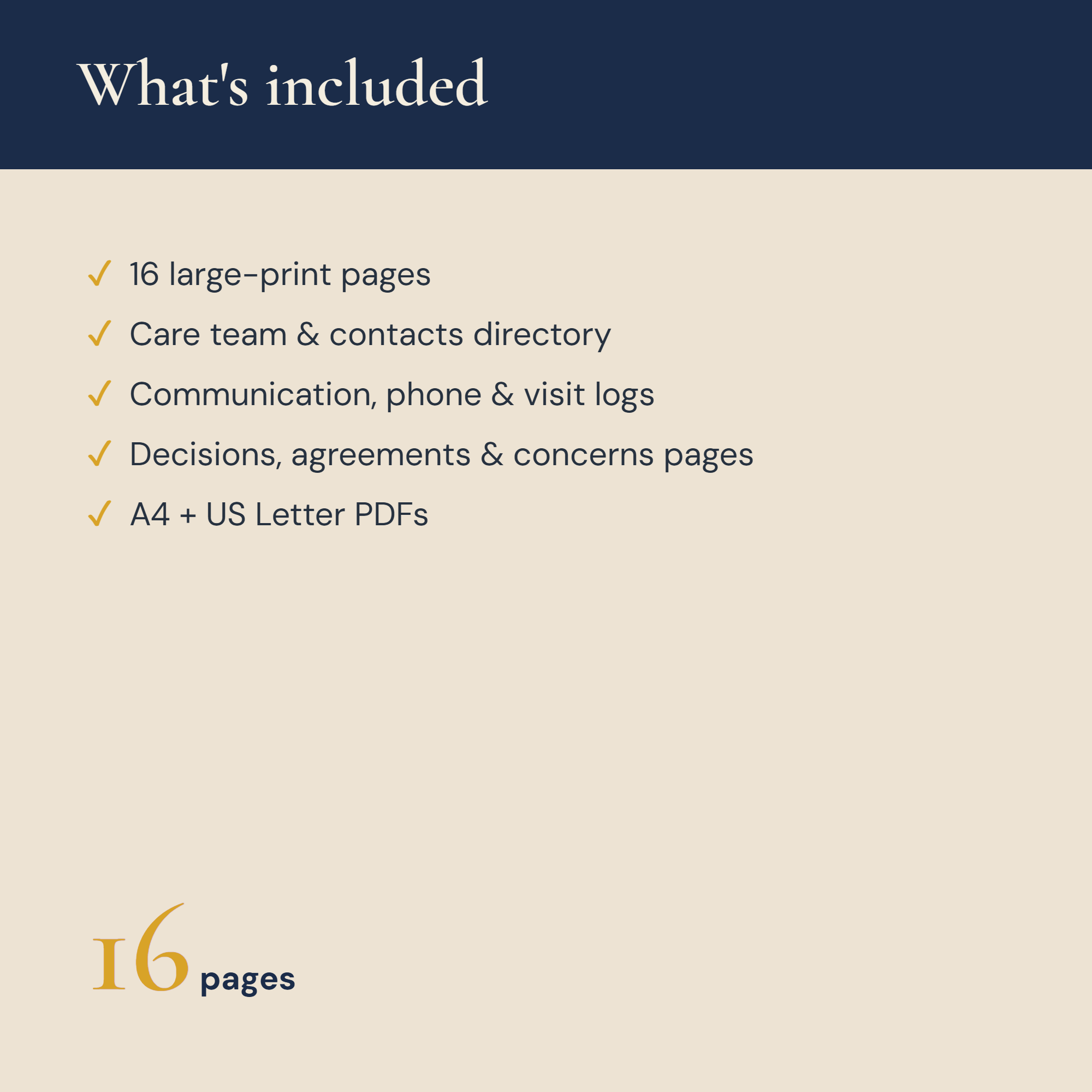 What's included in the Senior Care Communication Log - 16 large-print pages