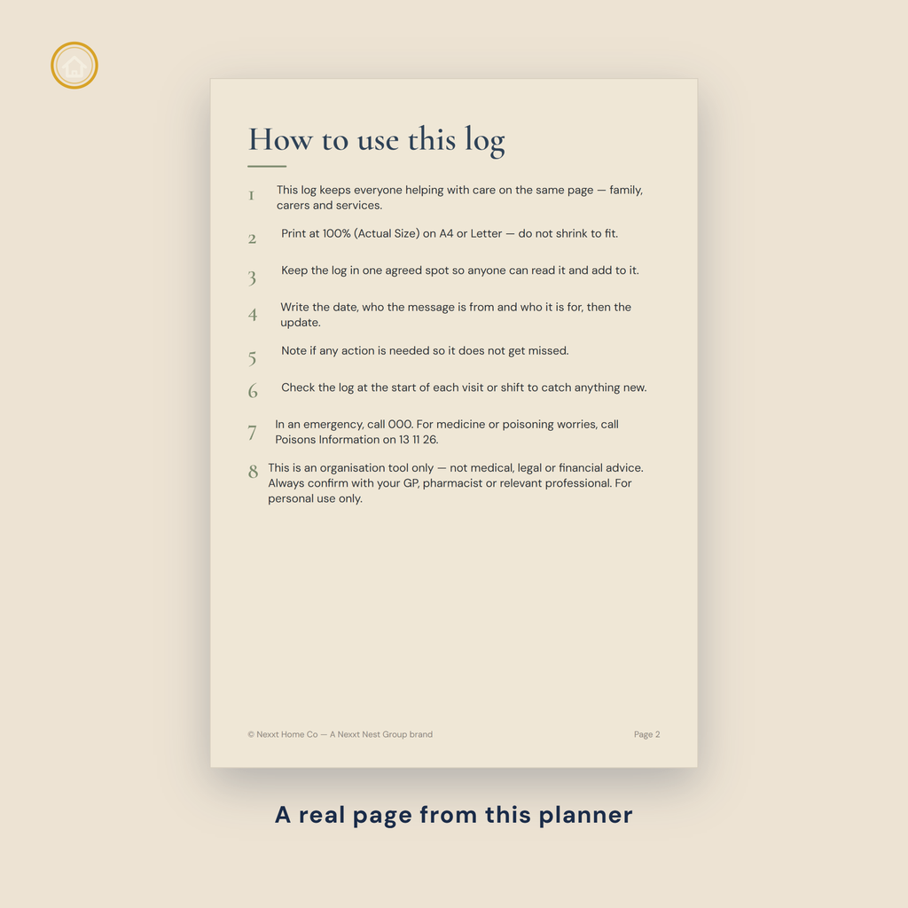 Senior Care Communication Log page preview - care team and contacts directory