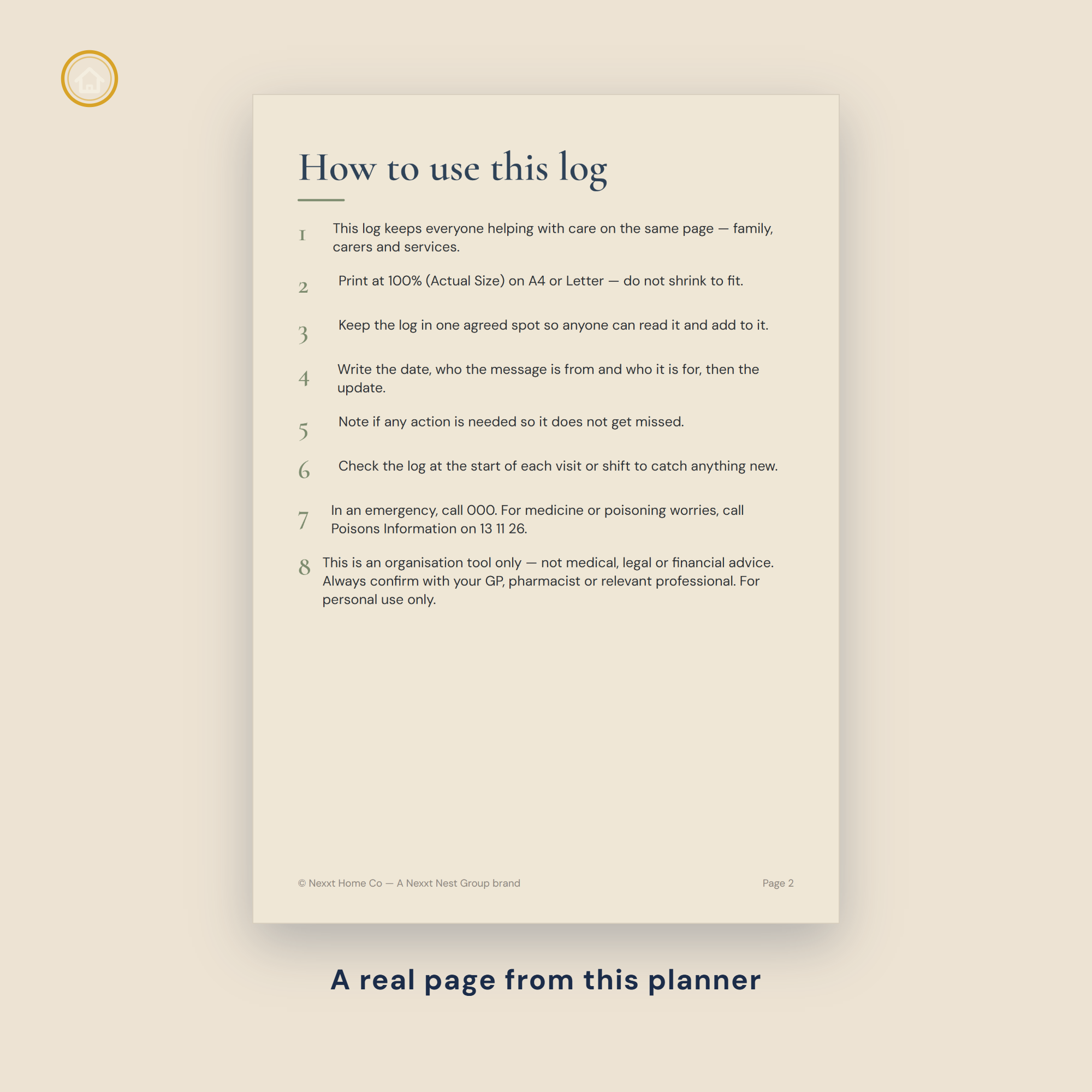 Senior Care Communication Log page preview - care team and contacts directory