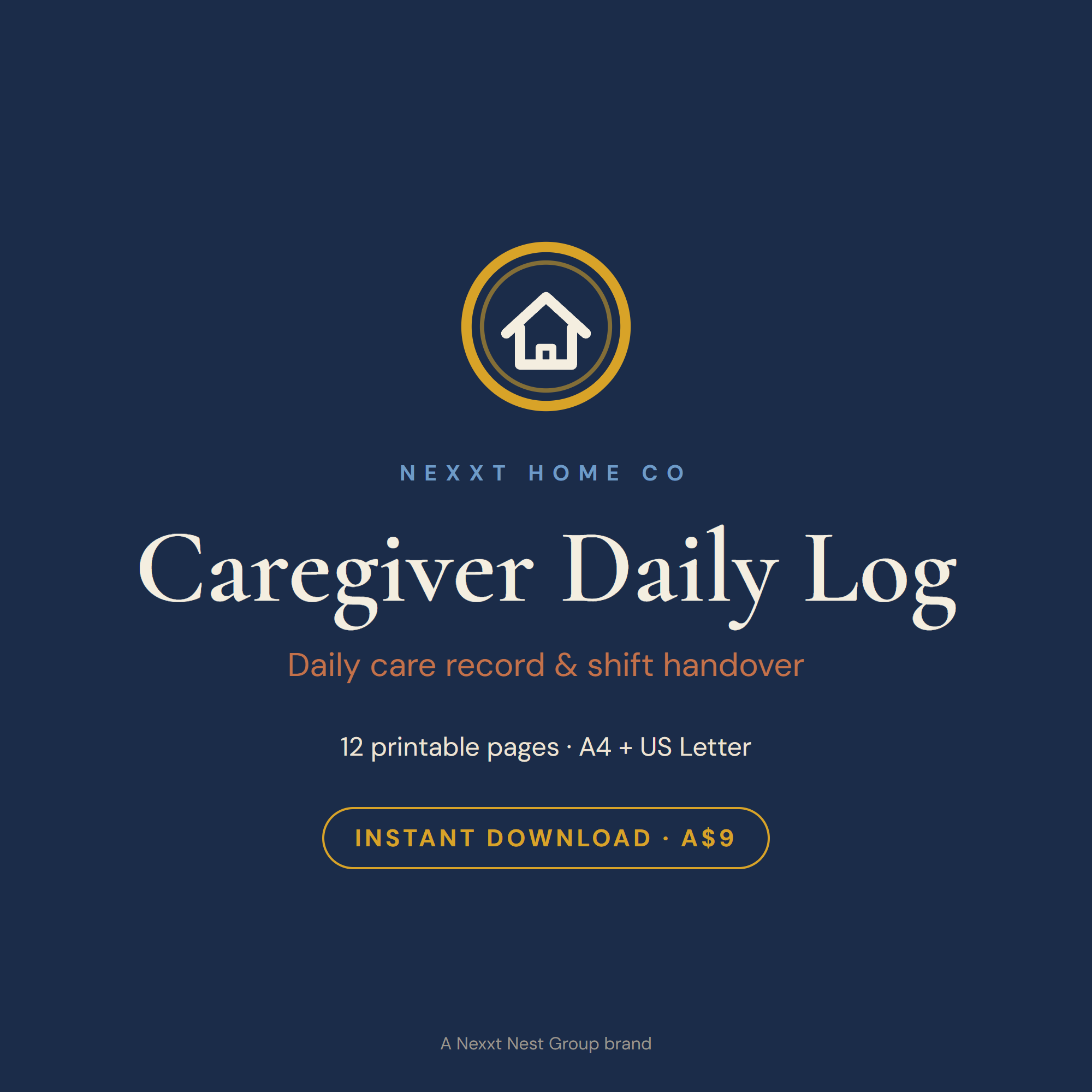 Caregiver Daily Log printable cover — large-print daily care and shift handover sheet